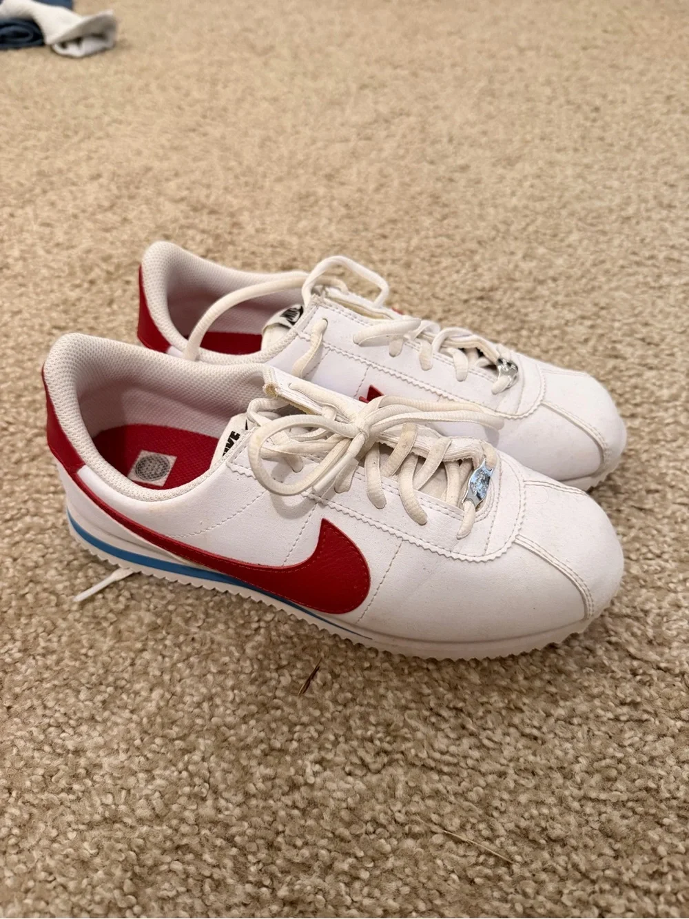 Nike White Sneakers with Red Swoosh and Blue Midsole Stripe